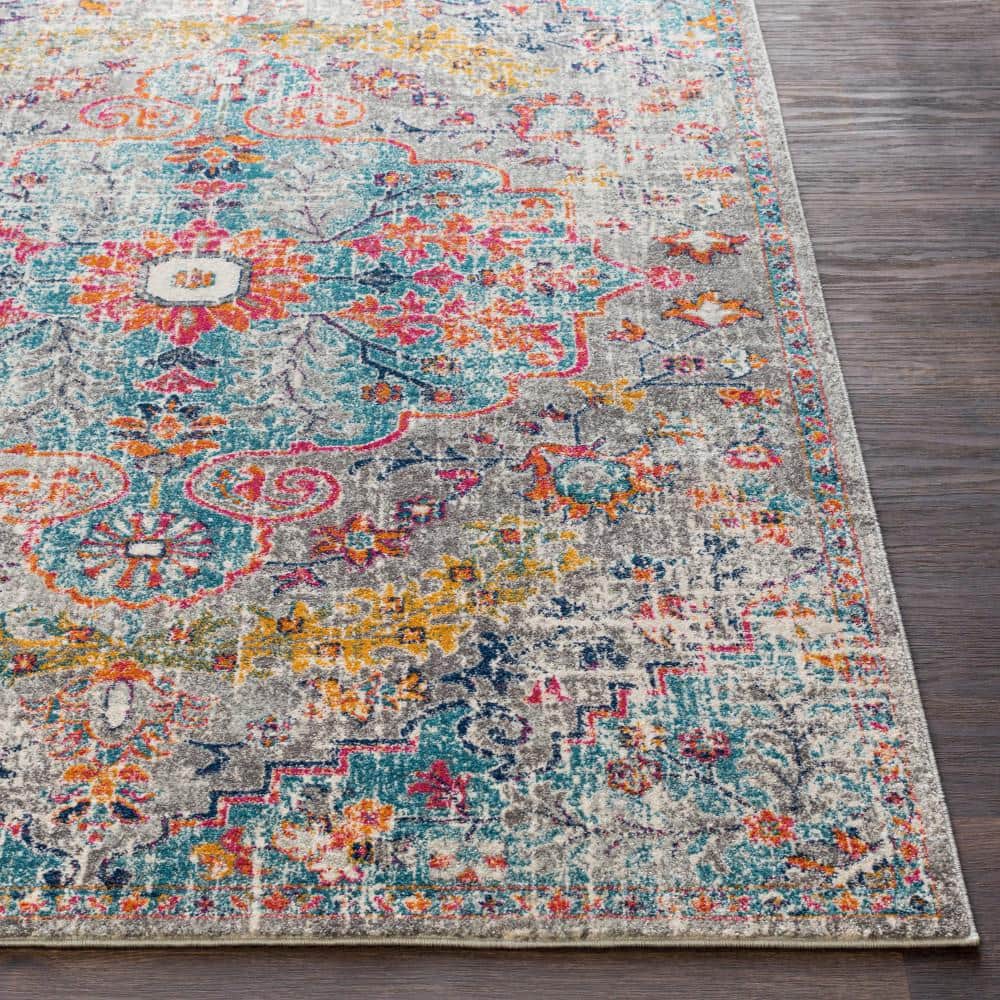 Gray and Aqua Oriental Synthetic Area Rug, 3'11" x 5'7"