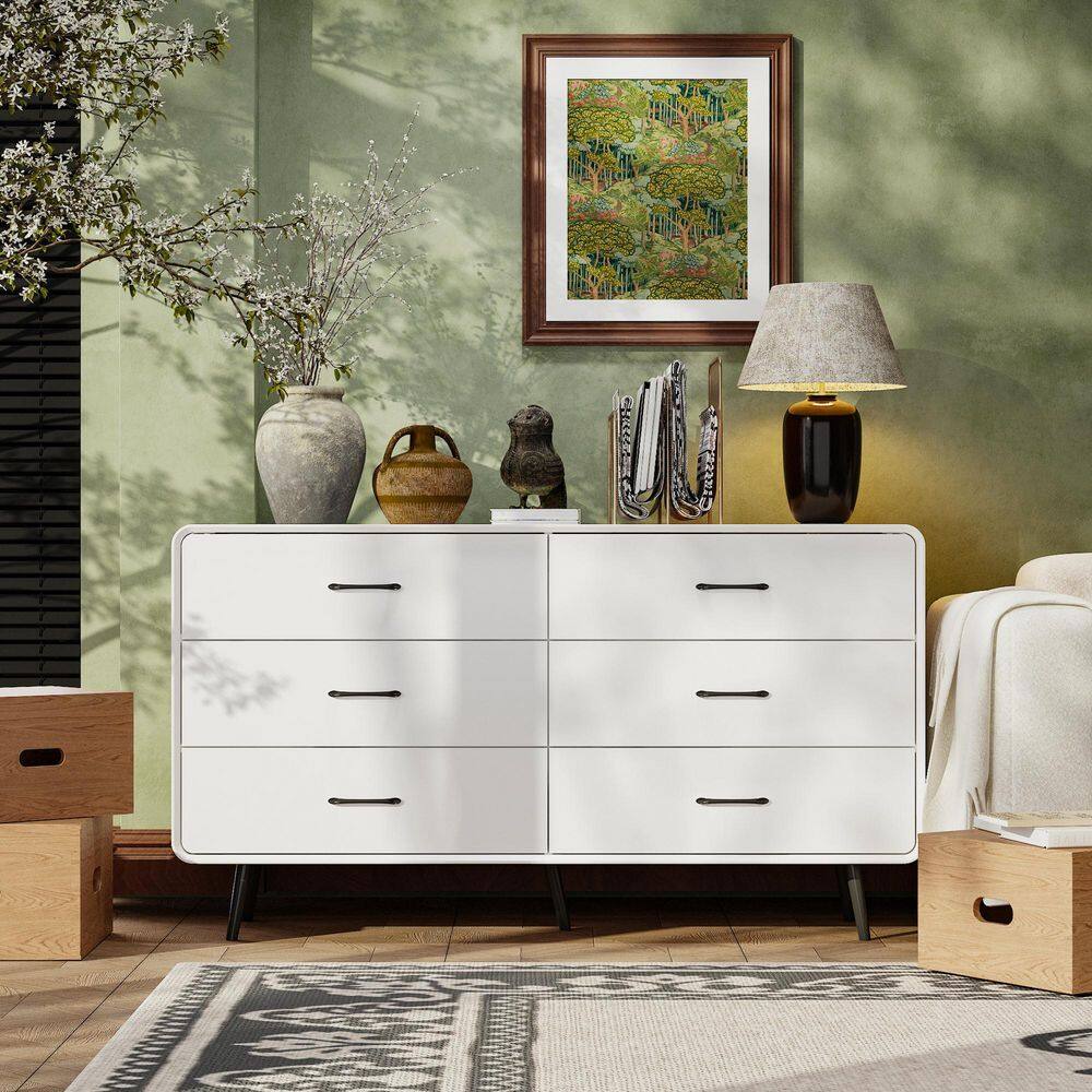 White 6-Drawer 54.9 in. W Chest of Drawers, Modern Accent Storage Organizer for Bedroom Living Room