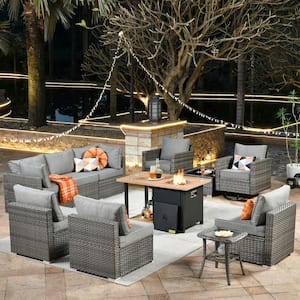 Sanibel Gray 11-Piece Wicker Outdoor Patio Conversation Sofa Set with a Storage Fire Pit and Dark Gray Cushions