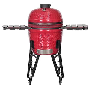 21 in. Kamado Ceramic Charcoal Grill in Red with Cart and Side-Wings