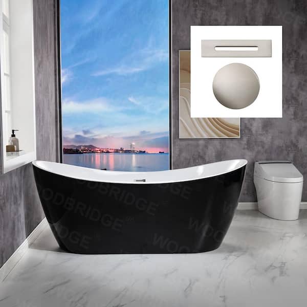 WOODBRIDGE Albacete 71 in. Acrylic FlatBottom Double Slipper Bathtub with Brushed Nickel Overflow and Drain Included in Black