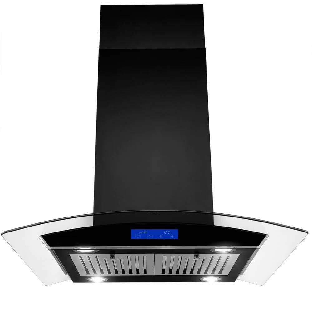 30 in. 700 CFM Ducted Stainless Steel Kitchen Island Range Hood Tempered Glass 3 Speed in Black with LEDs light -  Elexnux, FSJT-RA-080304