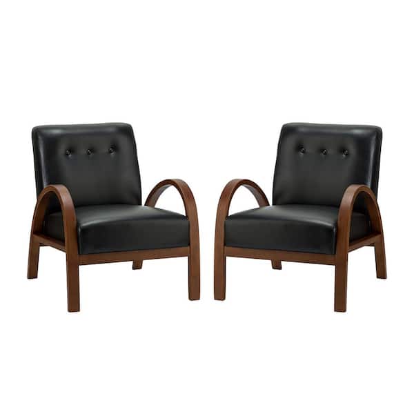 JAYDEN CREATION Byblis Vegan Black Leather Armchair with Wooden Legs Set of 2