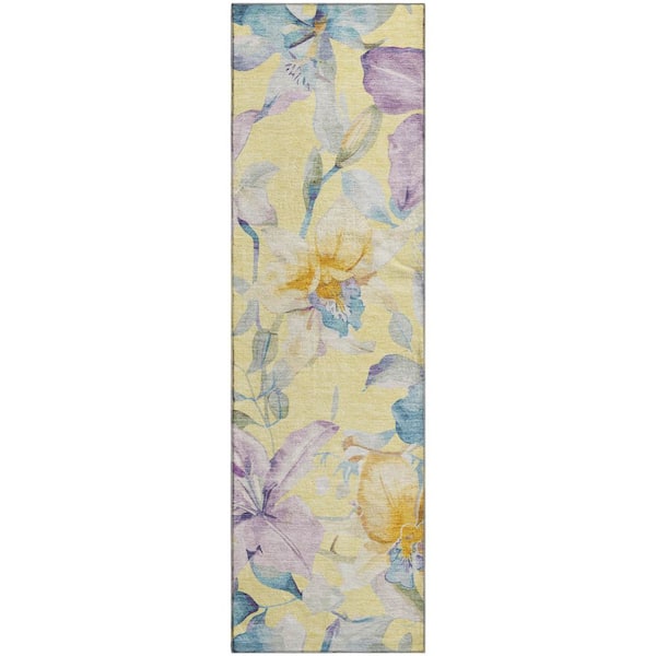Mayfield Premium Machine Washable Abstract AMF2262 Yellow 2 ft. x 7 ft. Runner Rug
