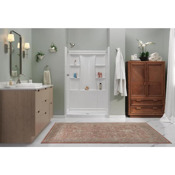 Classic 500 34 in. L x 48 in. W x 72 in. H 4-Piece Alcove Shower Kit with Shower Wall and Shower Pan in High Gloss White