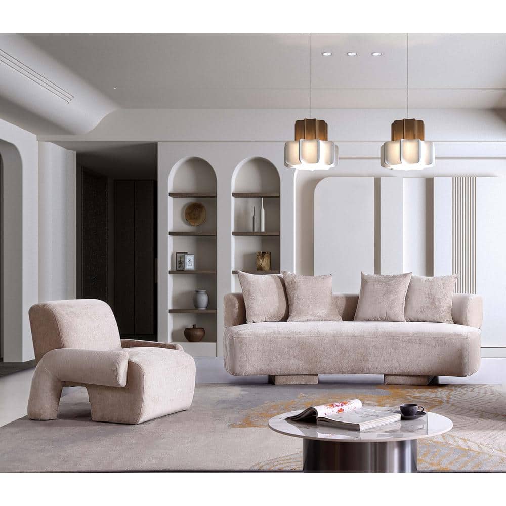 Manhattan Comfort Verandah 2-Piece Mid-Century Modern Beige Chenille Upholstered Sofa and Accent Chair Living Room Set