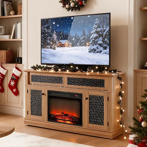 Farmhouse 58 in. Freestanding Wood Electric Fireplace TV Stand with Embossed Doors and Storage in Light Oak