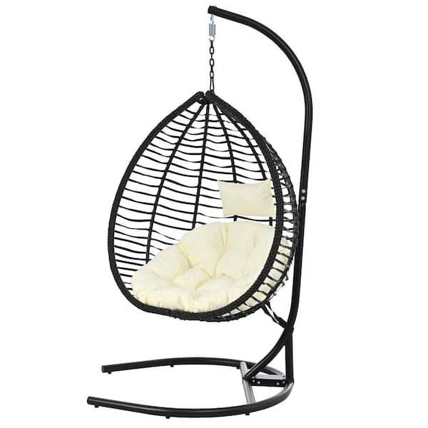 Xaviera Black 3.5 ft. Free Standing Outdoor Patio Hanging Hammock Chair with Stand and Beige Cushion