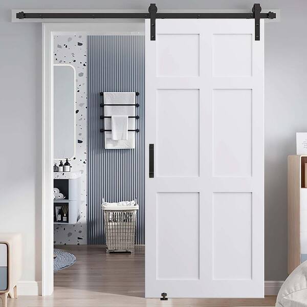 Unbranded - 36 in. x 80 in. 6-Paneled White Primed Interior Sliding Barn Door with Hardware Kit, MDF, Barn Door Slab