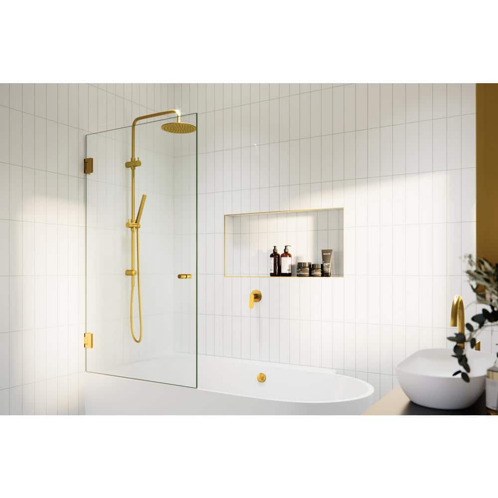 Albedo 34 in. x 58 in. Frameless Glass Bathtub Shower Door with Satin Brass Hardware