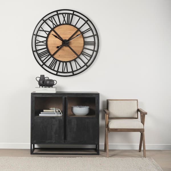 Lewiston Black Analog Iron and Wood Round Wall Clock