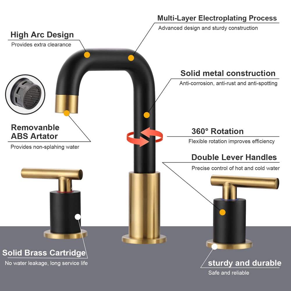 8 in. Black and Gold Double Handle Widespread Bathroom Faucet