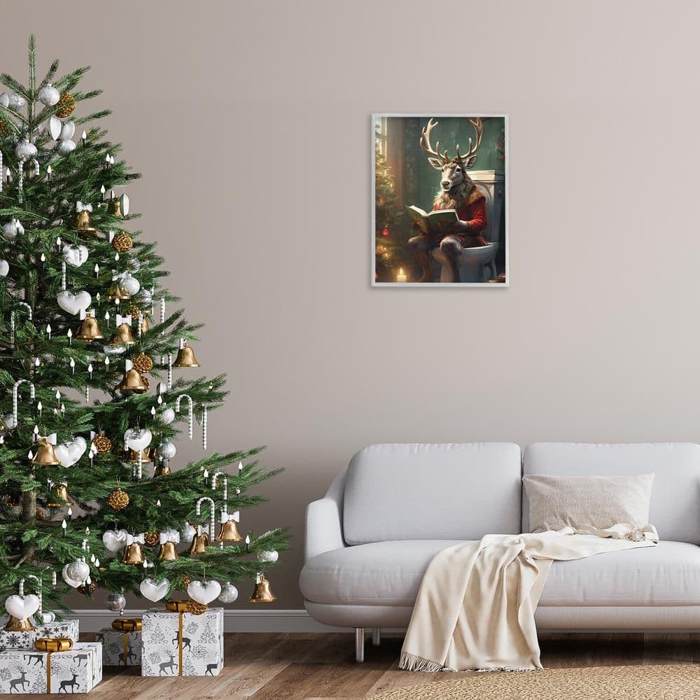 Reindeer in Festive Bathroom by Jo Moulton Gray Framed Animal Giclee Art Print 30 in. x 24 in. price history on PriceWatchPro