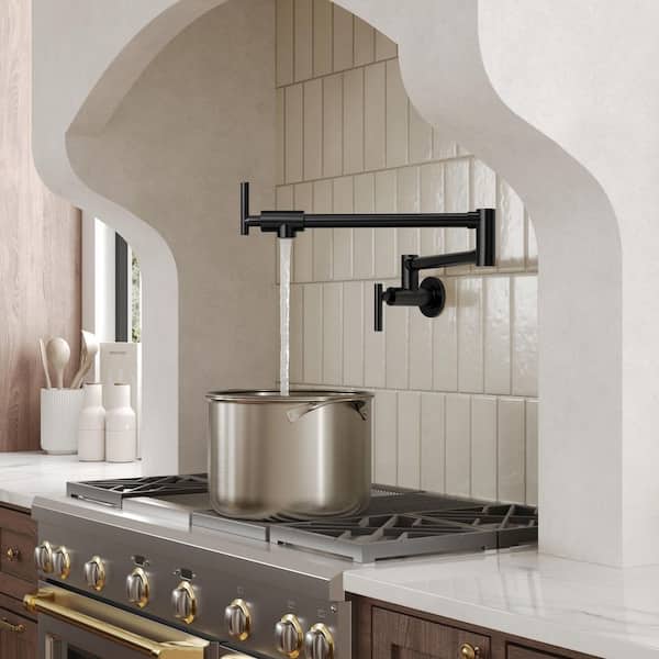 25 in. Wall-Mount Pot Filler Faucet with Dual Swing Arms in Matte Black