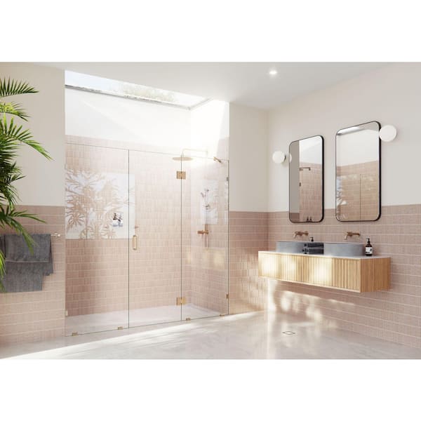 Glass Warehouse Stellar 96 in. W x 78 in. H Glass Hinged Pivot Frameless 3-Panel Inline Shower Door in Brushed Bronze