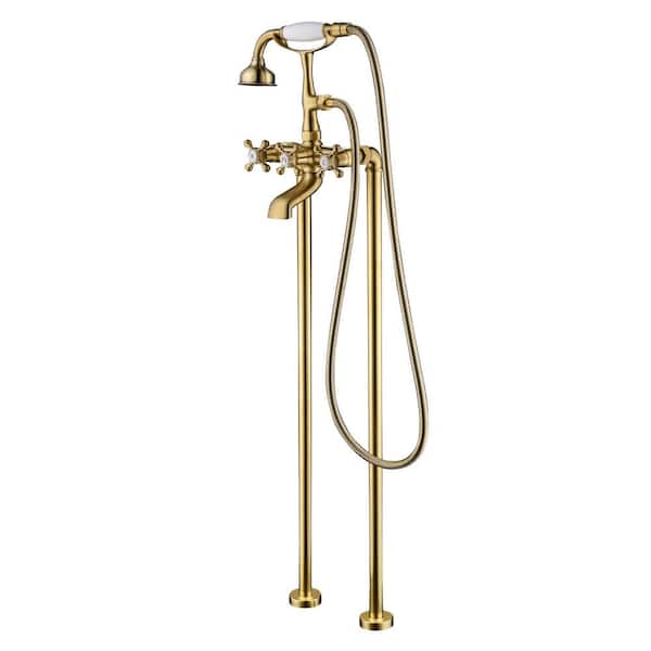 Eisen Home SevenFalls Telephone 3-Handle Floor Mounted Freestanding Tub Faucet with Handheld Shower in Brushed Gold