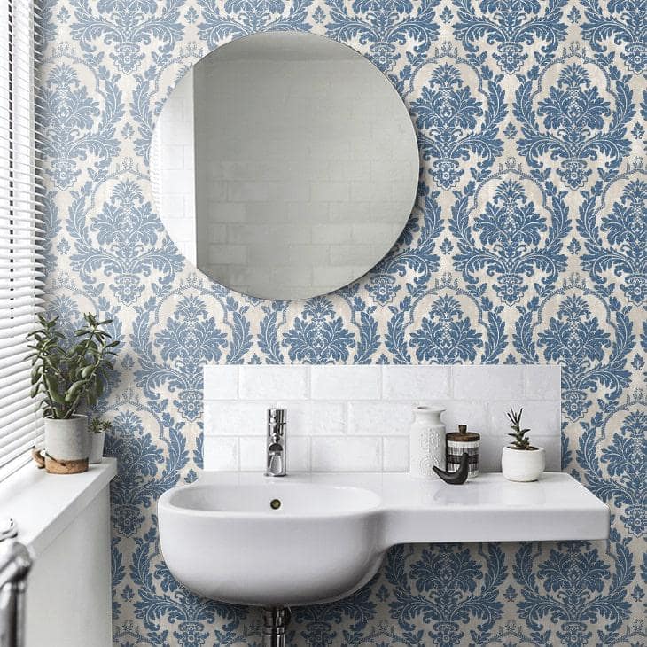 Blue and Beige Large Damask Vinyl Non-Pasted Wallpaper Roll