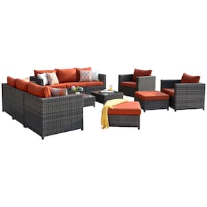Harper Gray 12-Piece Wicker Outdoor Sectional Set with Orange Red Cushions