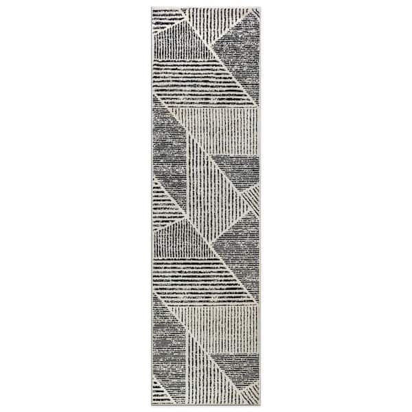 Contemporary Distressed Geometric Area Rug Cream 2 ft. 3 in. x 12 ft. Runner Rug