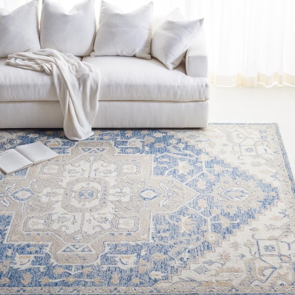 Micro-Loop Blue/Ivory 11 ft. x 15 ft. Floral Medallion Area Rug