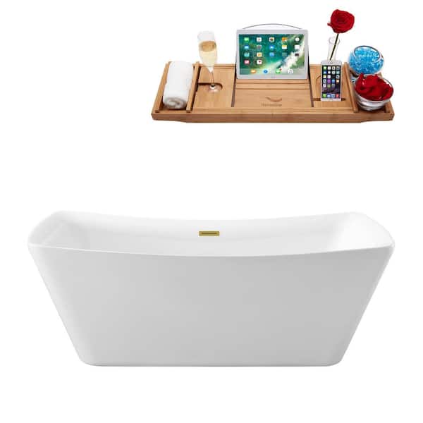 62 in. Acrylic Flatbottom Non-Whirlpool Bathtub in Glossy White with Brushed Gold Drain and Overflow Cover