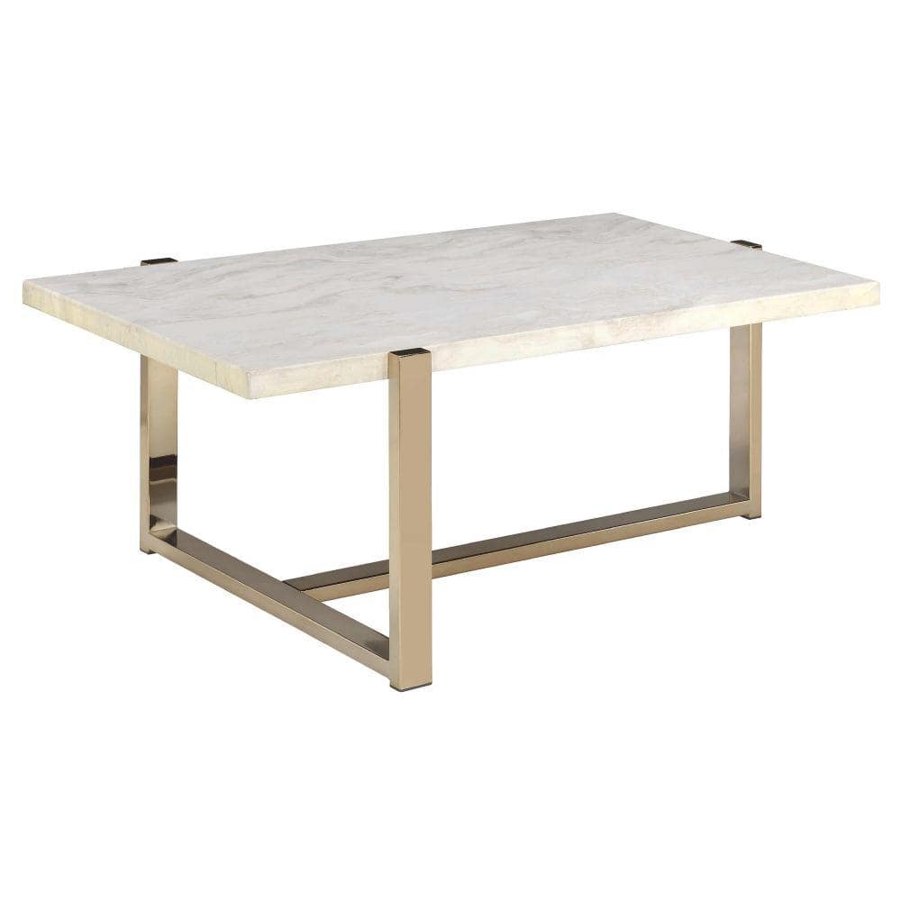 Benjara 44 in. White/Gold Large Rectangle Marble Coffee Table with Faux ...