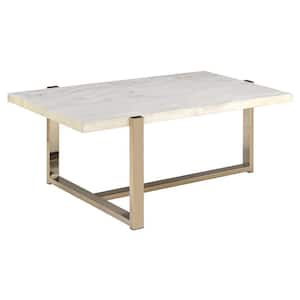 44 in. White/Gold Large Rectangle Marble Coffee Table with Faux Marble Top