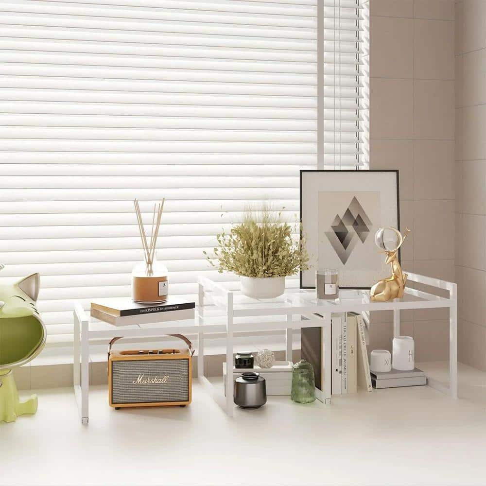 Set of 2 Stackable White Metal Kitchen Cabinet Organizer Shelves for Countertop Pantry Storage
