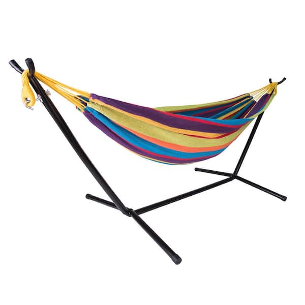 Wildaven 10 ft. Double Cotton Hammock Bed with Space Saving Steel Stand for Indoor Outdoor