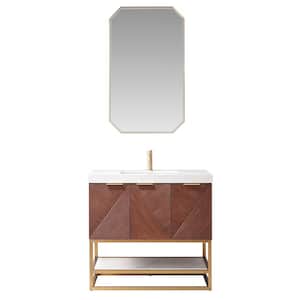 Mahon 36 in.W x 22 in.D x 33.9 in.H Single Sink Bath Vanity in Walnut with White Grain Composite Stone Top and Mirror