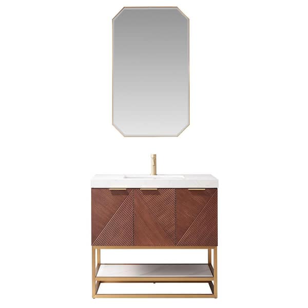 ROSWELL Mahon 36 in.W x 22 in.D x 33.9 in.H Single Sink Bath Vanity in Walnut with White Grain Composite Stone Top and Mirror