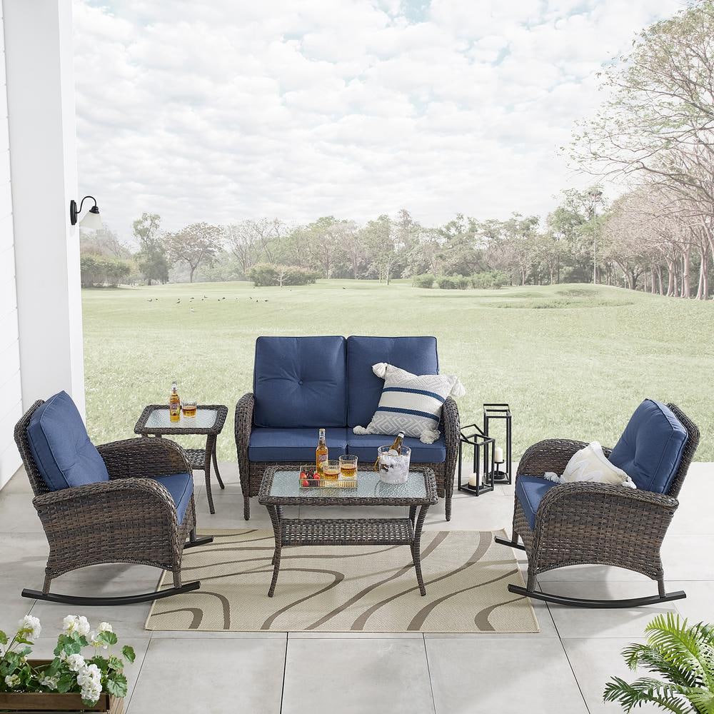 Pocassy 5-Piece Brown Wicker Patio Conversation Set with Blue Cushions ...