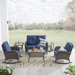 5-Piece Brown Wicker Patio Conversation Set with Blue Cushions and Loveseat Side Table Flat Handrail Rocking Chairs