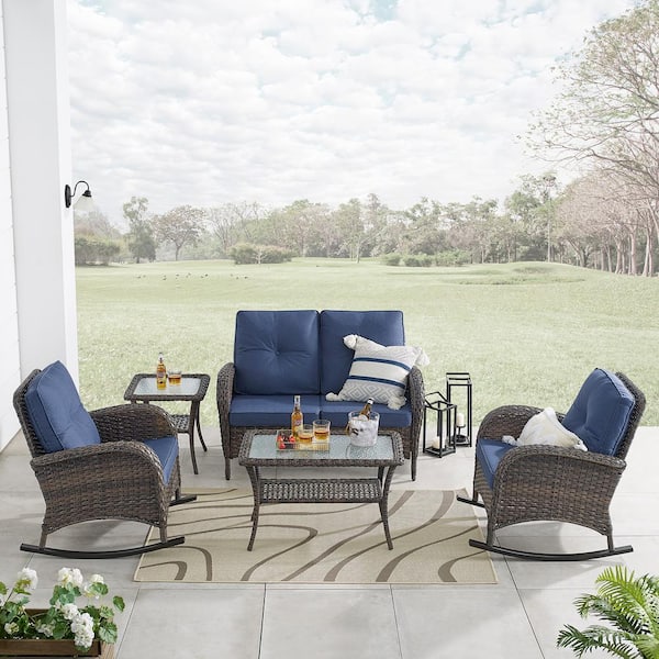 Pocassy 5-Piece Brown Wicker Patio Conversation Set with Blue Cushions and Loveseat Side Table Flat Handrail Rocking Chairs