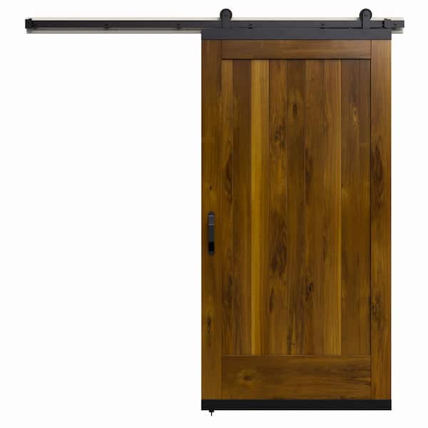 JELD-WEN 36 in. x 80 in. Karona 1 Panel Khaki Stained Rustic Walnut Wood Sliding Barn Door with Hardware Kit