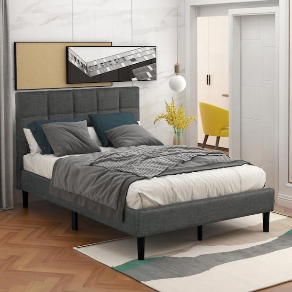 GODEER 84 in. W Gray Twin Wood Frame Upholstered Diamond Stitched Platform Bed
