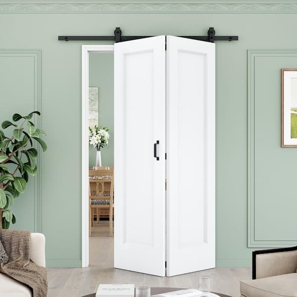 48 in. x 80 in. 1 Panel White Primed Hollow Core MDF Composite Bi-Fold Sliding Barn Door with Hardware Kit