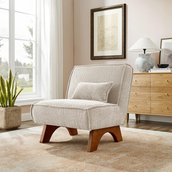 Art Leon COZY Off White Fabric Accent Slipper Chair with Lumbar Pillow and Wood Legs