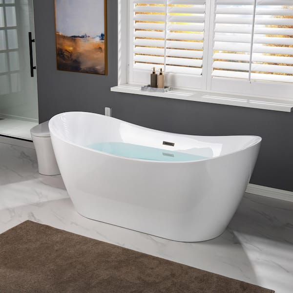 Kimball 67 in. Acrylic FlatBottom Double Slipper Bathtub with Oil Rubbed Bronze Overflow and Drain Included in White