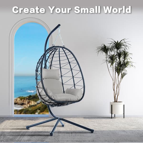 37.4 x 37.4 x 77 in. Rattan and Metal Outdoor/Indoor Patio Hanging Light Gray Water Resistant Cushion Swing Egg Chair
