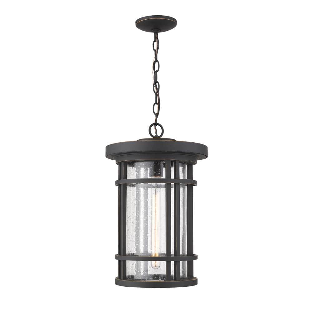 1-Light Oil Rubbed Bronze Outdoor Pendant Light with Clear Seedy Glass Shad