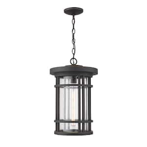 1-Light Oil Rubbed Bronze Outdoor Pendant Light with Clear Seedy Glass Shade