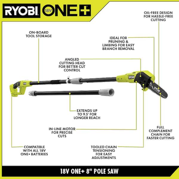 RYOBI ONE+ 18V Cordless Oil-Free Pole Saw and Cordless