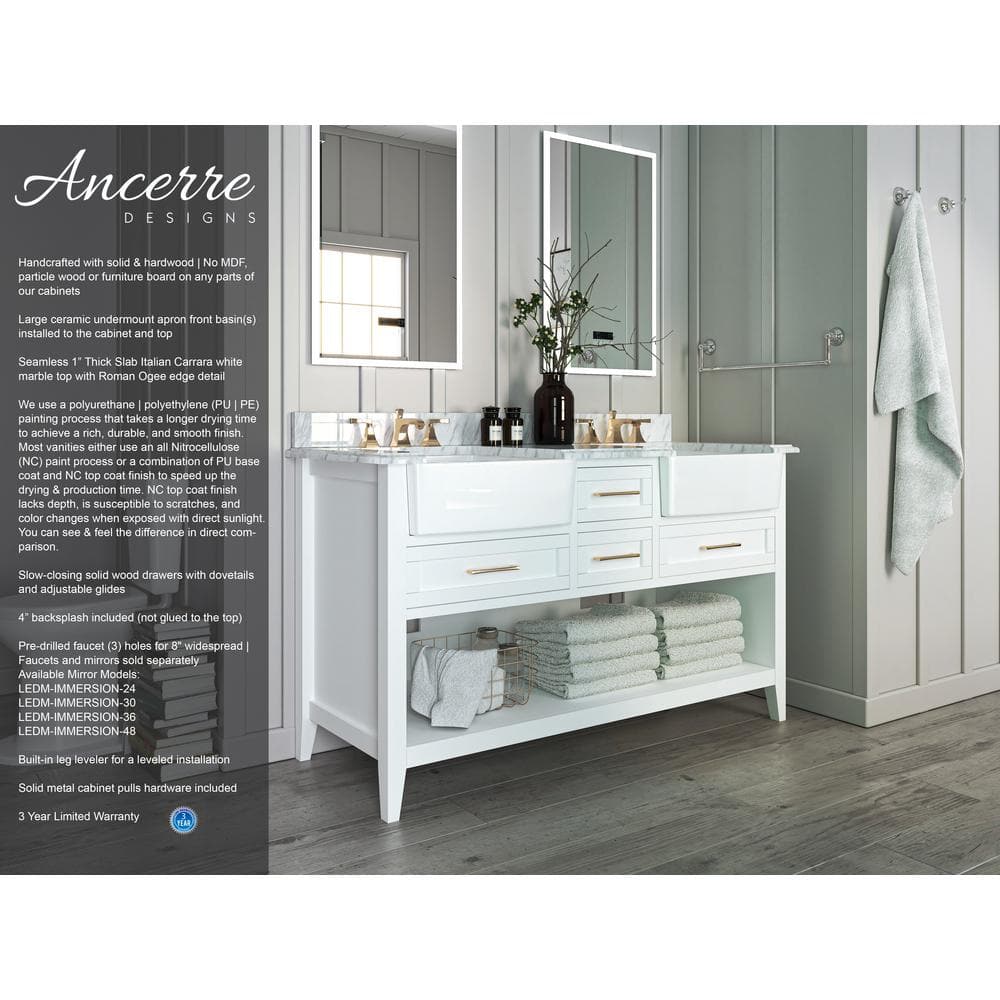 Hayley 60" White Farmhouse Double Basin Wood Vanity Set