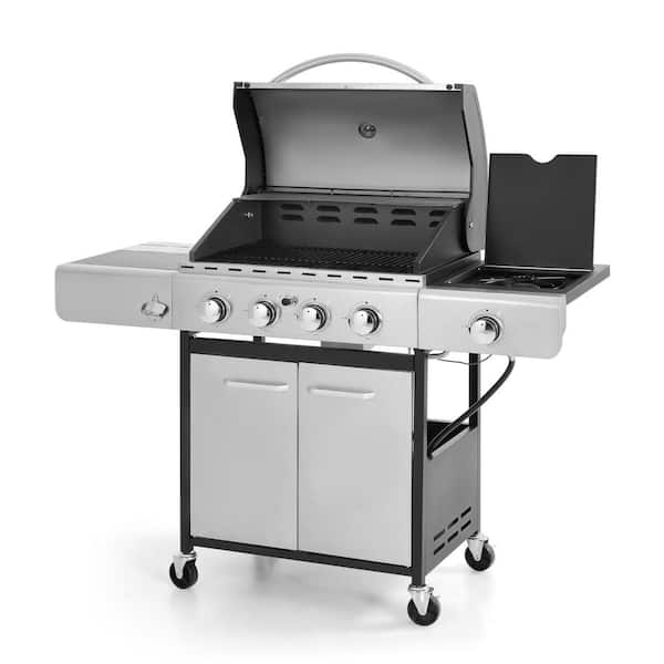 PHI VILLA 4-Burner Portable Propane Gas Grill in Stainless Steel with Side Burner and Fixed Side Tables