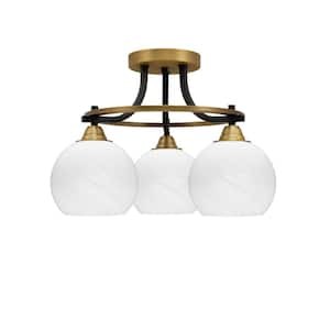 Madison 15.5 in. 3-Light Matte Black and Brass Semi-Flush Mount with White Marble Glass Shade
