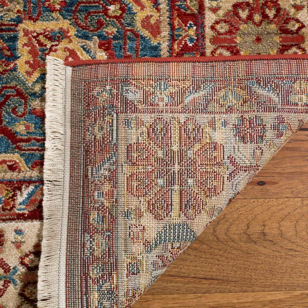 Red and Ivory Floral Synthetic Rectangular Area Rug