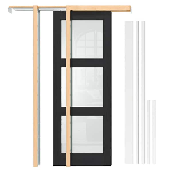 30 in. x 80 in. 3 Lite Frosted Glass Black PVC Covering Wood Interior Door Slab with Pocket Door Frame Kit and Jamb