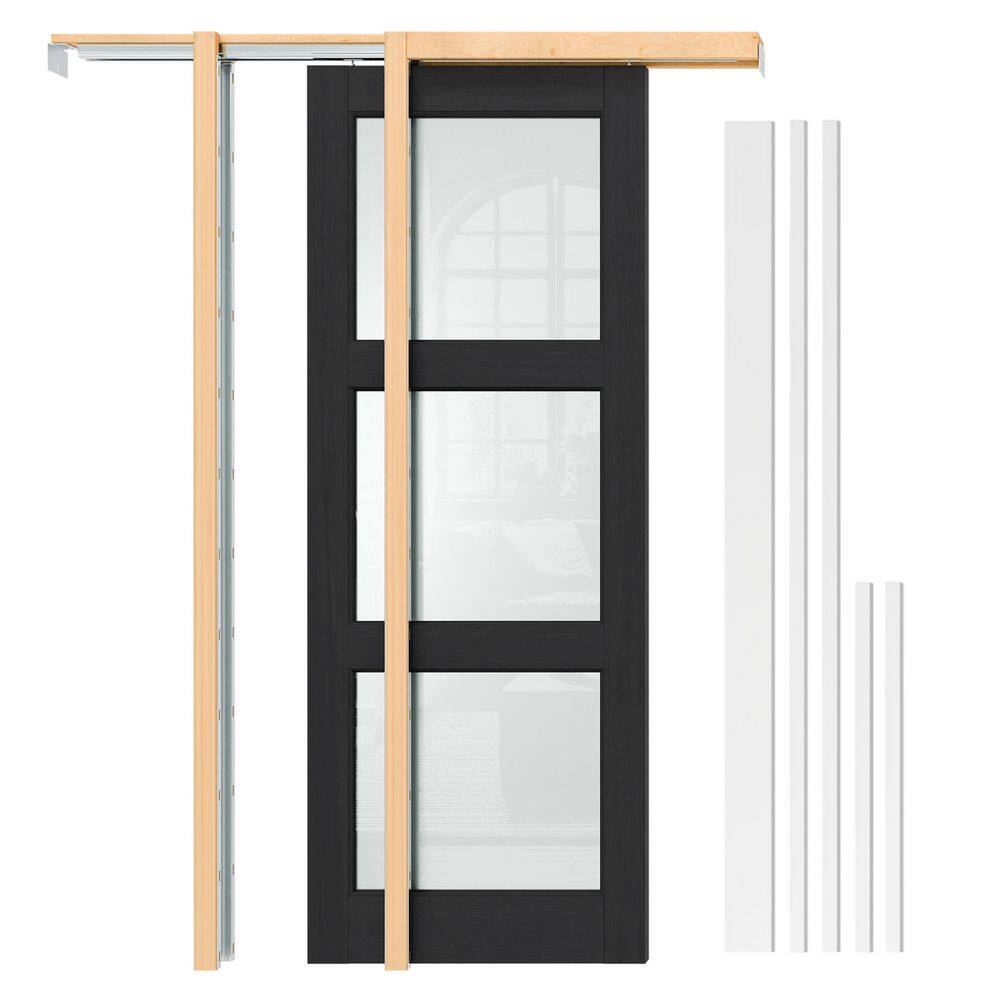 30 in. x 80 in. 3 Lite Frosted Glass Black PVC Covering Wood Interior Door Slab with Pocket Door Frame Kit and Jamb price history on PriceWatchPro
