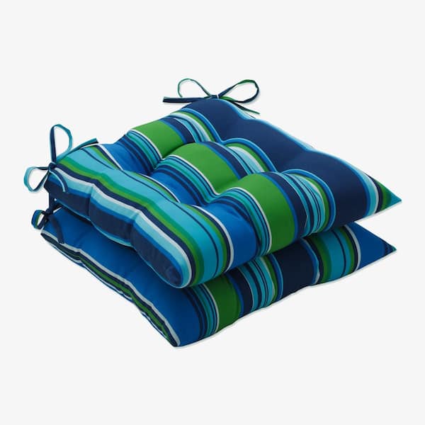Pillow Perfect Striped 19 in. x 18.5 in. Outdoor Dining Chair Cushion in Blue/Green/White (Set of 2)